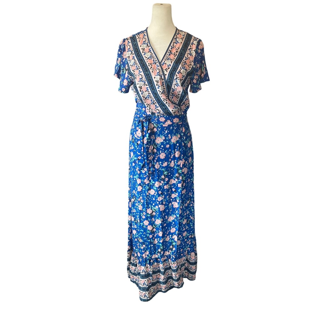 Womens Boho Romantic Floral Wrap Dress Maxi Cottage Coastal‎ Resortwear Teacher